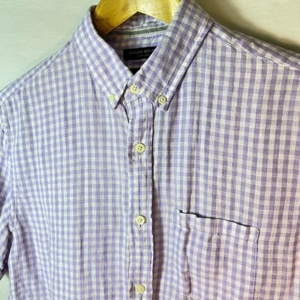 Banana Republic Men's Lavender White Linen Gingham SS Button-Down Shirt Size M